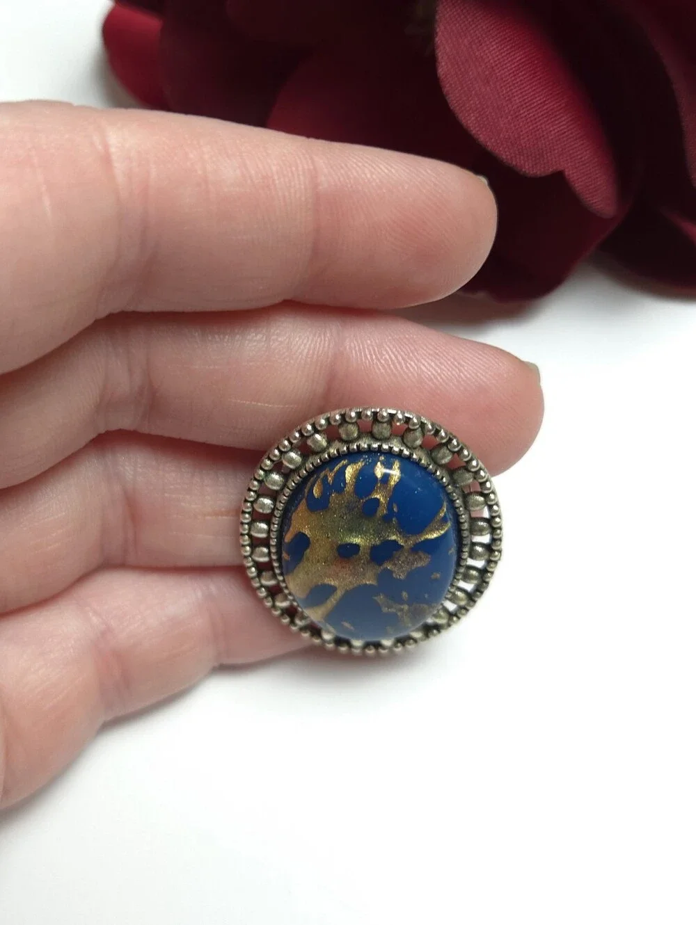 Handmade Blue & Metallic Gold Paint Swirl Silver Tone Brooch
